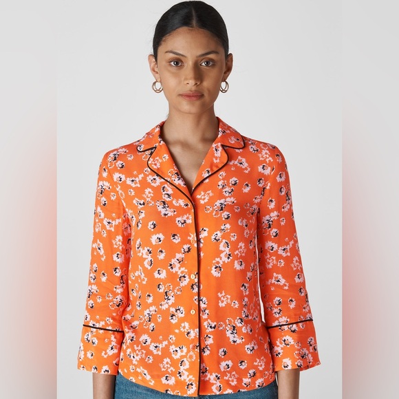 Whistles “Digital Daisy” satin orange floral button up top blouse, viscose blend - Picture 3 of 4